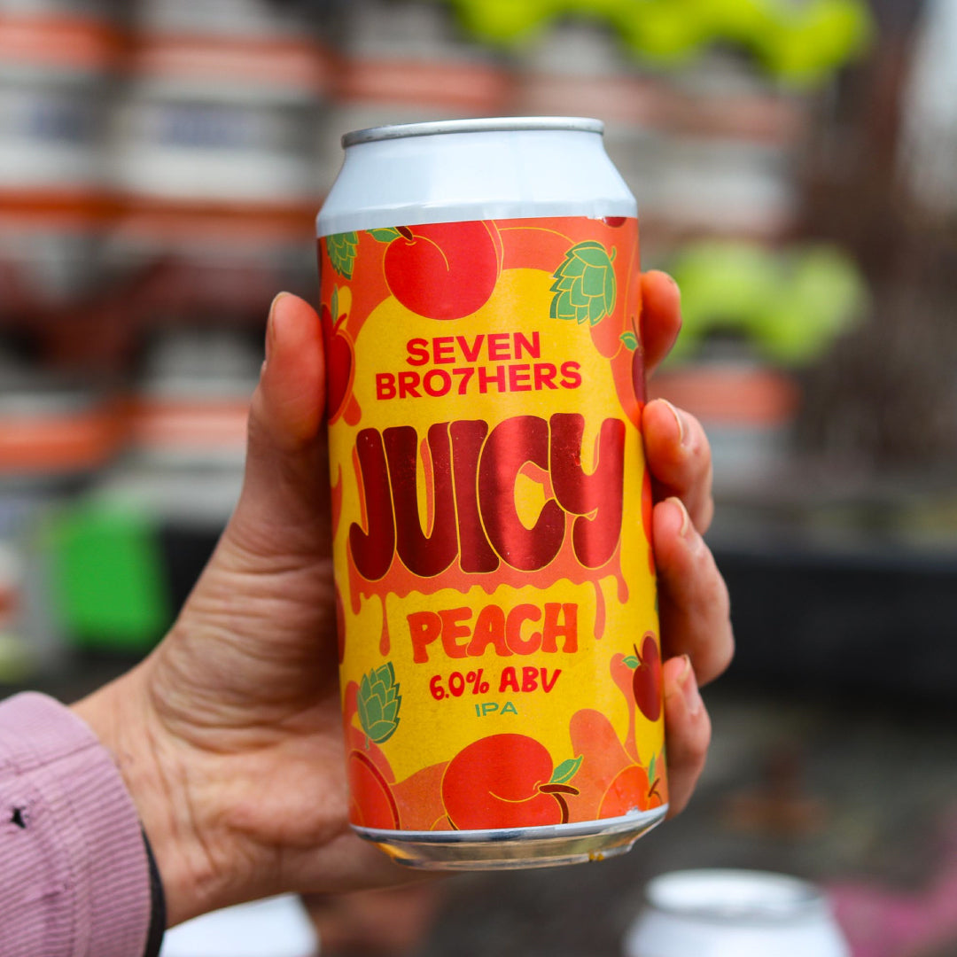 Hand holding a can of Seven Brothers Juicy Peach IPA with a blurred background