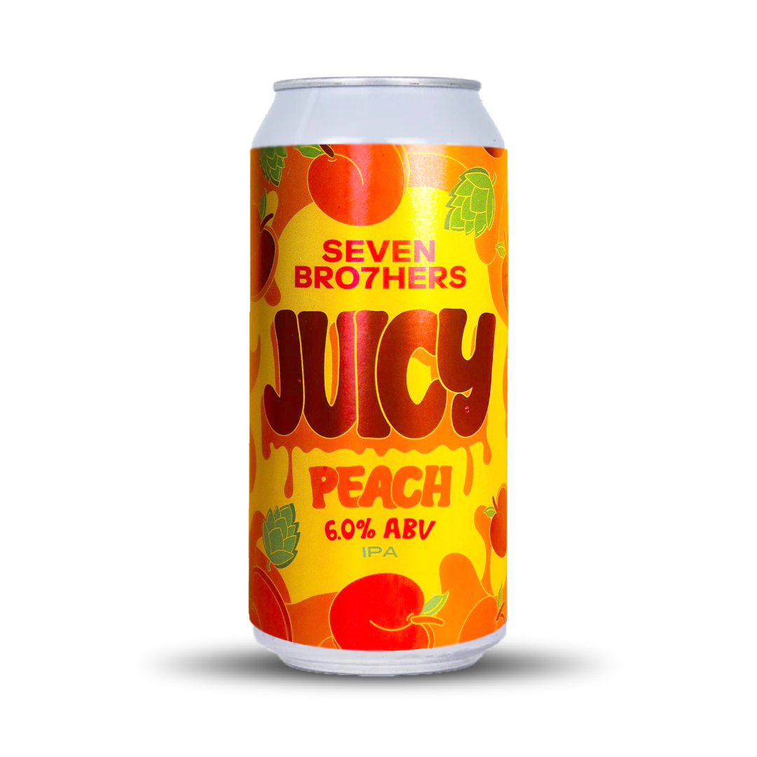 Seven Bro7hers Juicy Peach IPA can on a white background