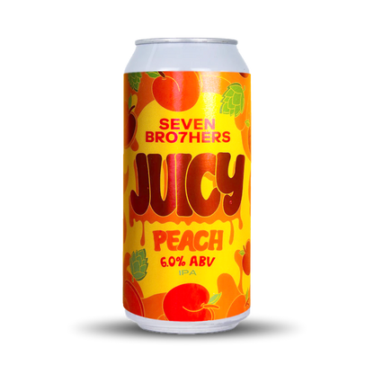 Seven Bro7hers Juicy Peach IPA can on a white background
