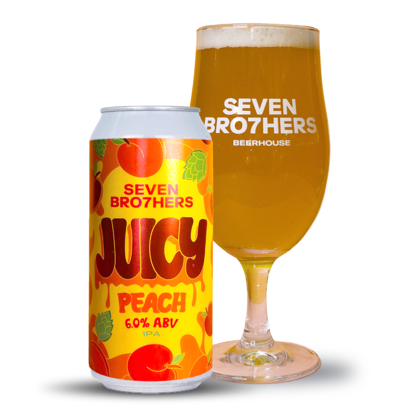 Seven Bro7hers Juicy Peach IPA can and glass on a white background