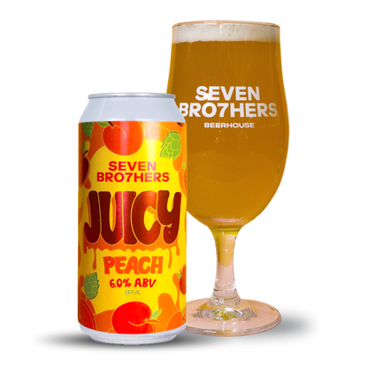 Seven Bro7hers Juicy Peach IPA can and glass on a white background