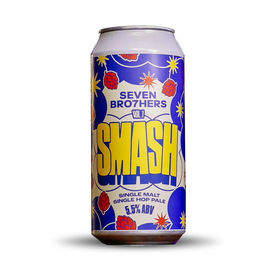 Beer can with 'Seven Brothers' branding on a white background